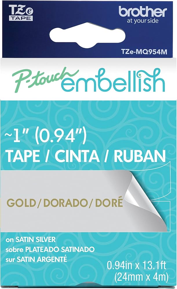 Original Brother P-Touch Embellish Gold Print on Satin Silver Tape TZE-MQ954M - ~1" Wide x 13.1’ Long (24mm x 4m)- 2-Pack