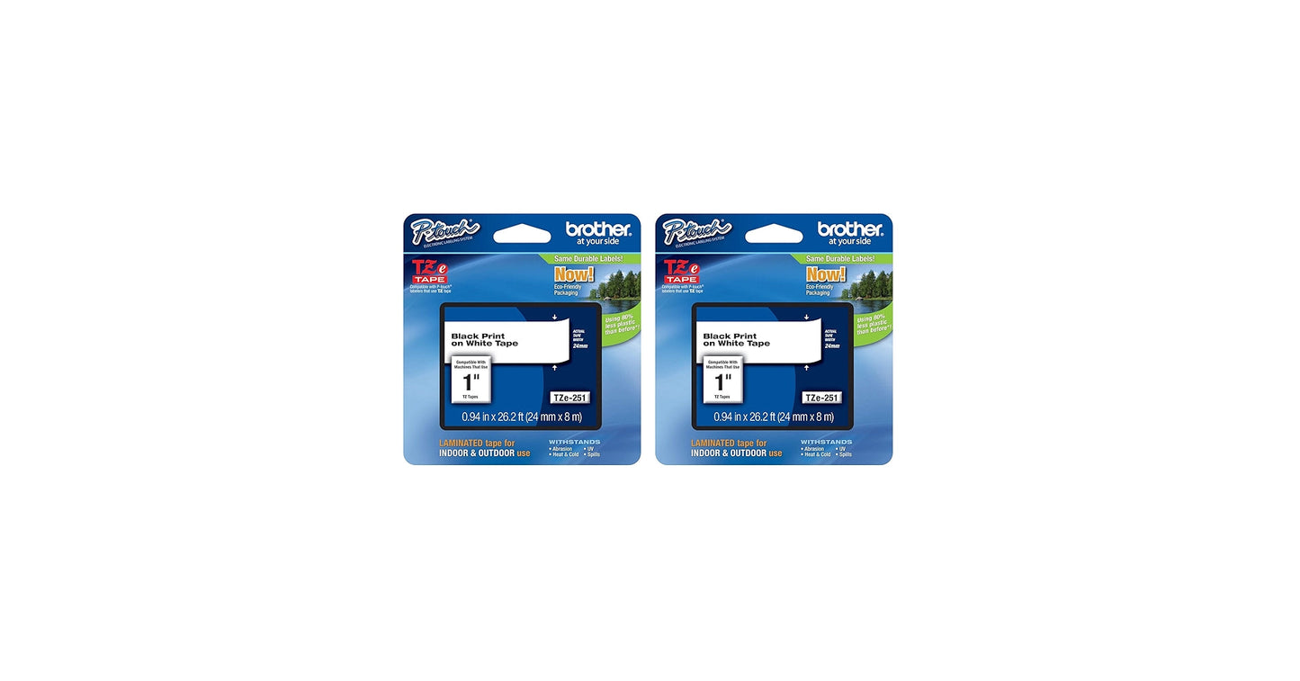 New, Pre-owned, Brother P-Touch TZe-251 Laminated Tape, Black Print on White Standard Adhesive Laminated Tape for P-Touch Label Makers, Each Roll is 0.94"/24mm (1") Wide, 26.2 ft. (8M) -2 Pack