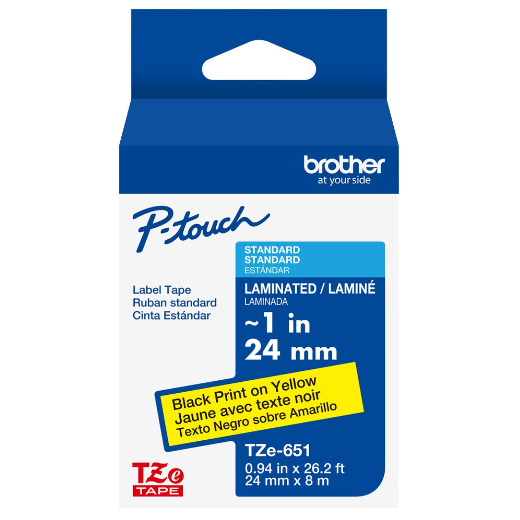 New, Pre-owned, Genuine Brother P-Touch, TZe-651 Extra Strength Adhesive, Black on Yellow Tape 24mm x 8m