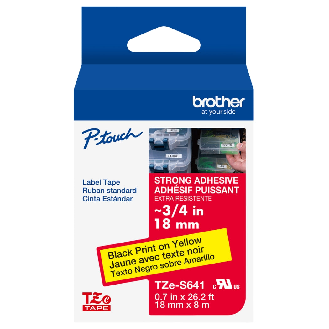 New, Pre-owned, Genuine Brother P-touch TZE-S641 Tape, 3/4" (0.7") Wide Extra-Strength Adhesive Laminated Tape, Black on Yellow, Laminated 0.7" x 26.2' (18mm x 8M), TZES641