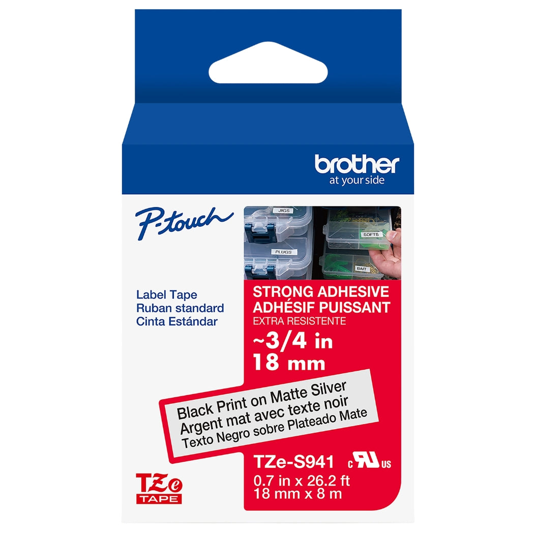 New, Pre-Owned, Genuine Brother P-touch TZE-S941 Tape, 3/4" (0.7") Wide Extra-Strength Adhesive Laminated Tape,Black on Matte Silver, Water-Resistant,0.7" x 26.2' (18mm x 8M), TZES941
