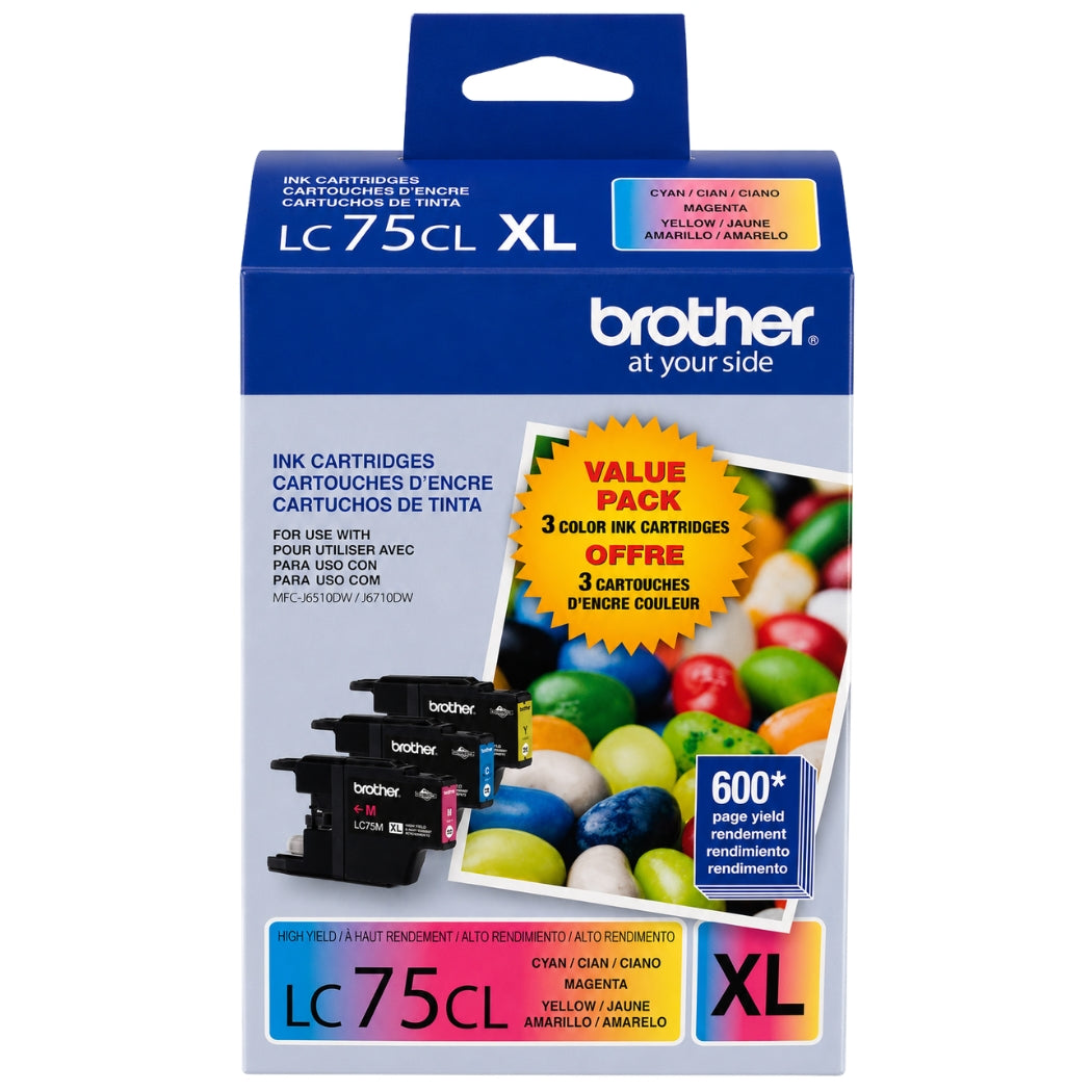 New, Pre-Owned - Brother LC75XL Cyan, Magenta, Yellow Ink Cartridges-LC753PKS -3 Pack