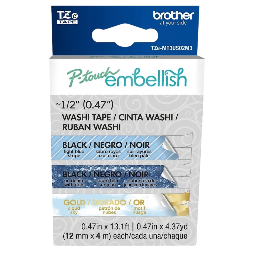 New, Pre-owned, Original Brother P-touch Embellish Blue Washi Tape Assortment TZeMT3US02M3- 3 Pack