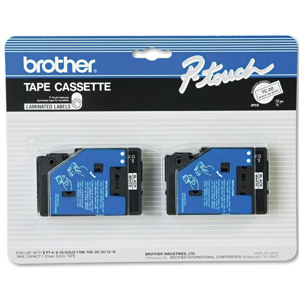 New, Pre-owned Original Brother TC-20 1/2 In. Standard Yield Black On White P-touch Tape, 2/Pack