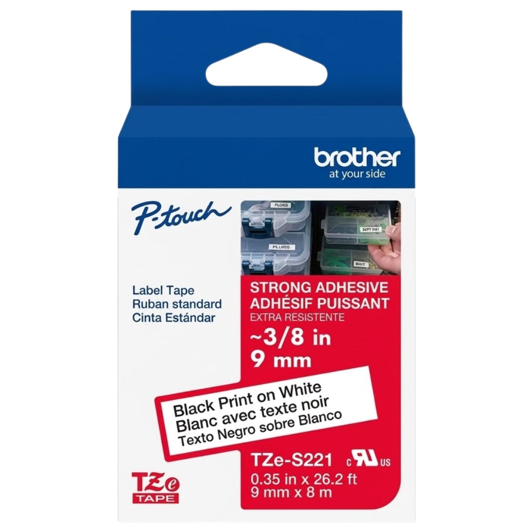 New, Pre-owned, Original Brother TZS221 3/8in (9MM) Black on White Industrial Tape for P-Touch Label Printers