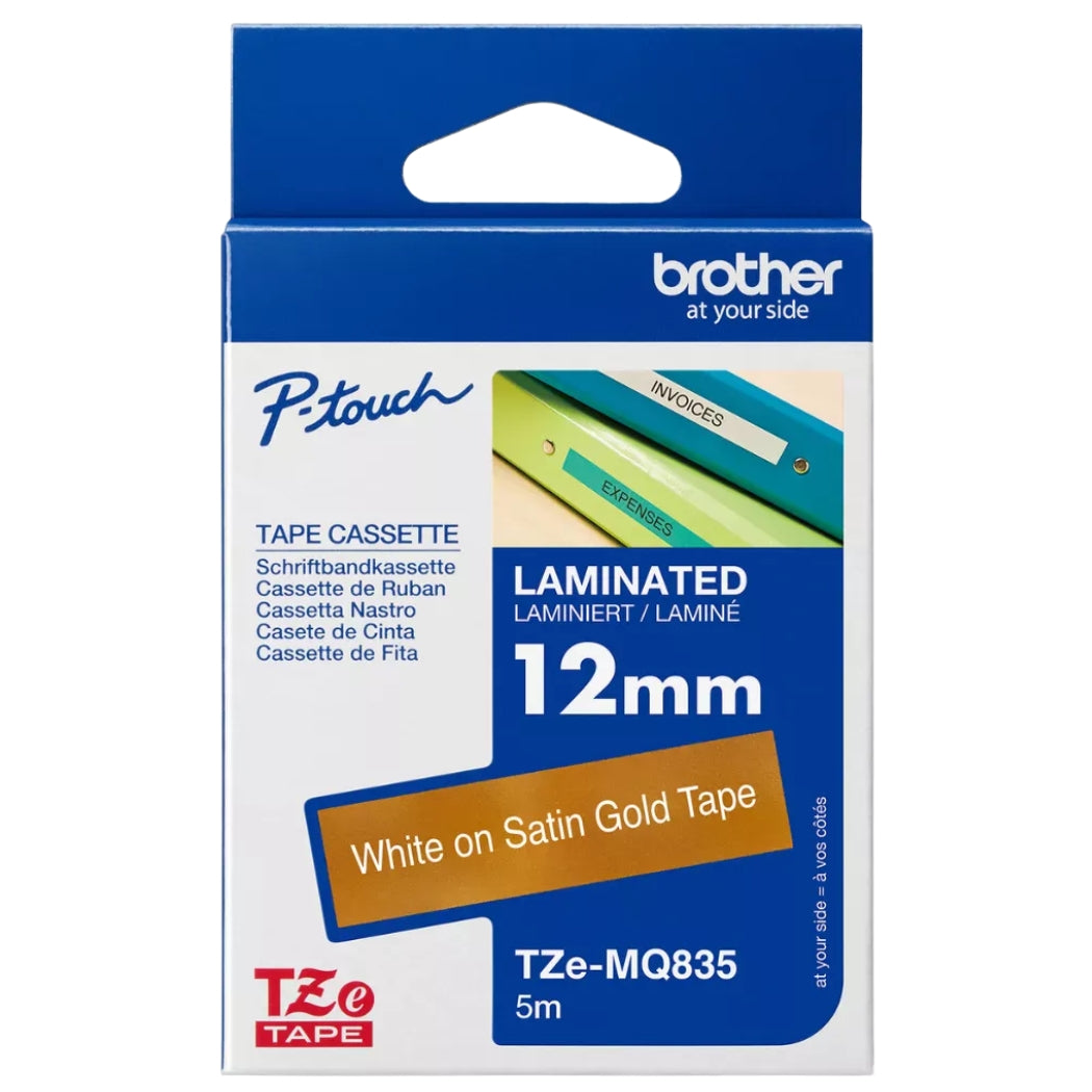 New, Pre-Owned - Brother TZe-MQ835 Labelling Tape Cassette 12mm (W) * 5m (L) White on stain Gold Tape-TZe-MQ835