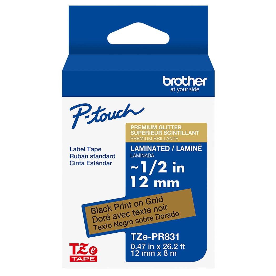 New, Pre-owned, Original Brother TZe-PR831 12mm (0.47") Black on Premium Glitter Gold Laminated Labeling Tape for P-touch Printer, 26.2'