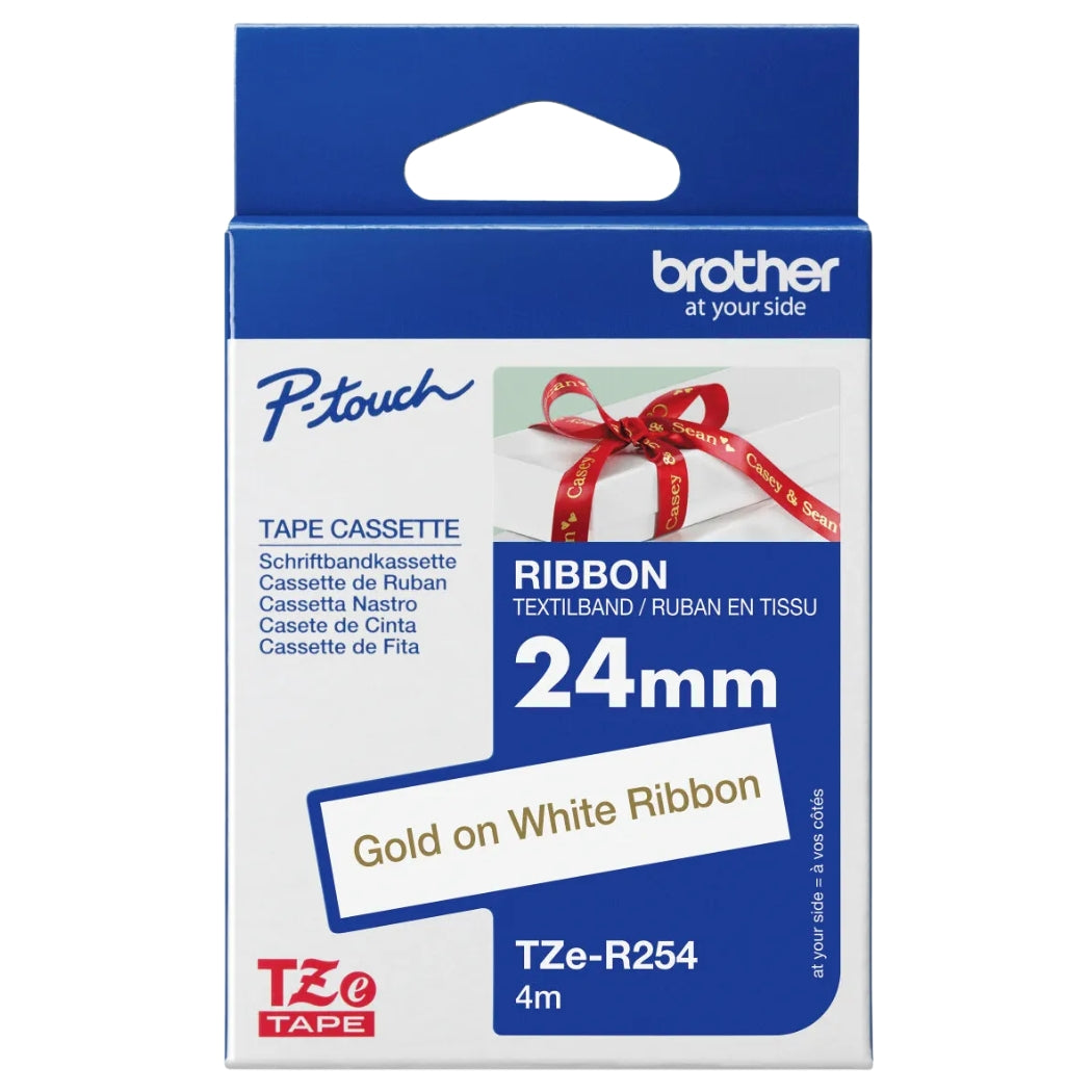 New, Pre-Owned - Brother TZe-R254 Labelling Tape Cassette 12mm (W) * 5m (L) Gold on White Ribbon -TZe-R254
