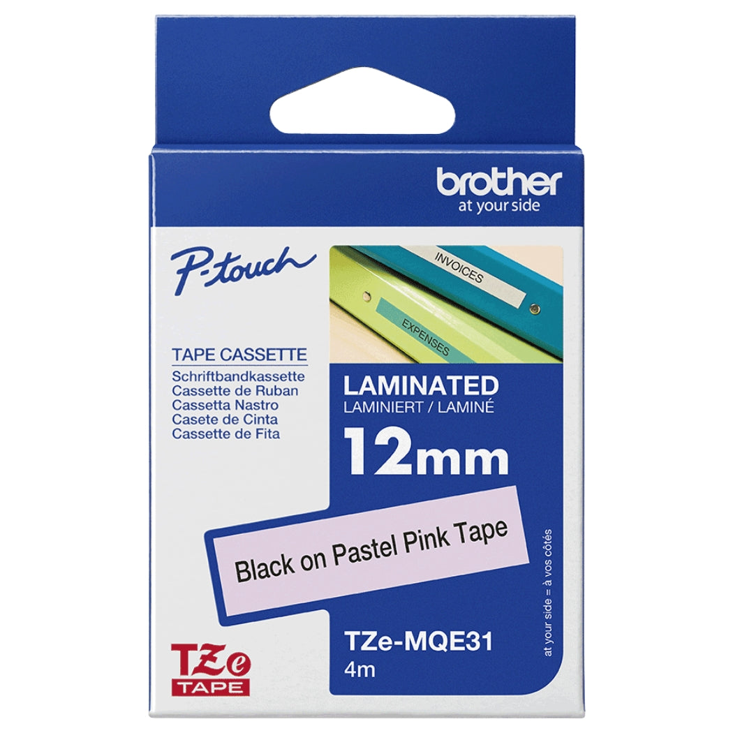 New, Pre-Owned - Brother Tze-MQE31 Labelling Tape Cassette 12mm (W) * 8m (L) Black on Paster Pink Tape-Tze-MQE31