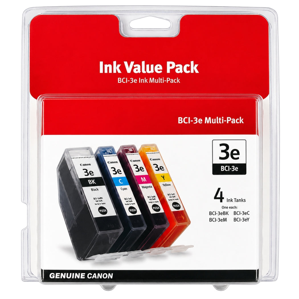 New, Pre-Owned - Canon BCI-3e Black, Cyan, Magenta & Yellow Ink Cartridges