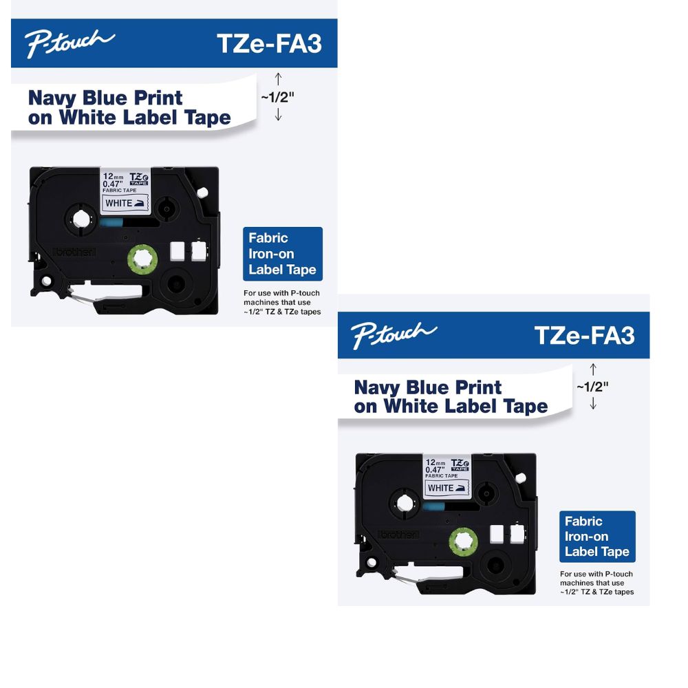 New, Pre-Owned - Brother P-touch TZE-FA3 Tape, 1/2" (0.47") Wide Fabric Iron-On Tape, Navy Blue on White, 2-Pack,TZEFA3
