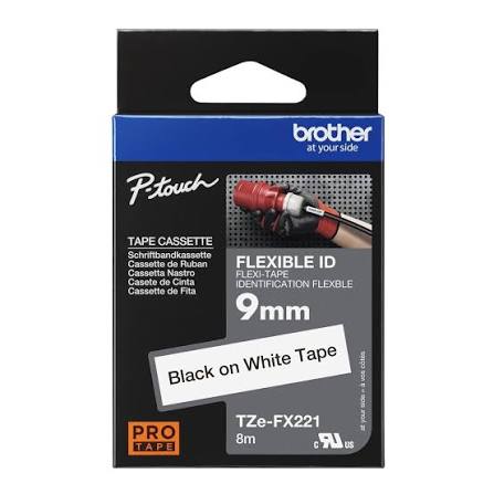 Genuine Brother TZe-FX221 Black on White Flexible ID Laminated Tape for P-touch Label Makers, 9 mm wide x 8 m long