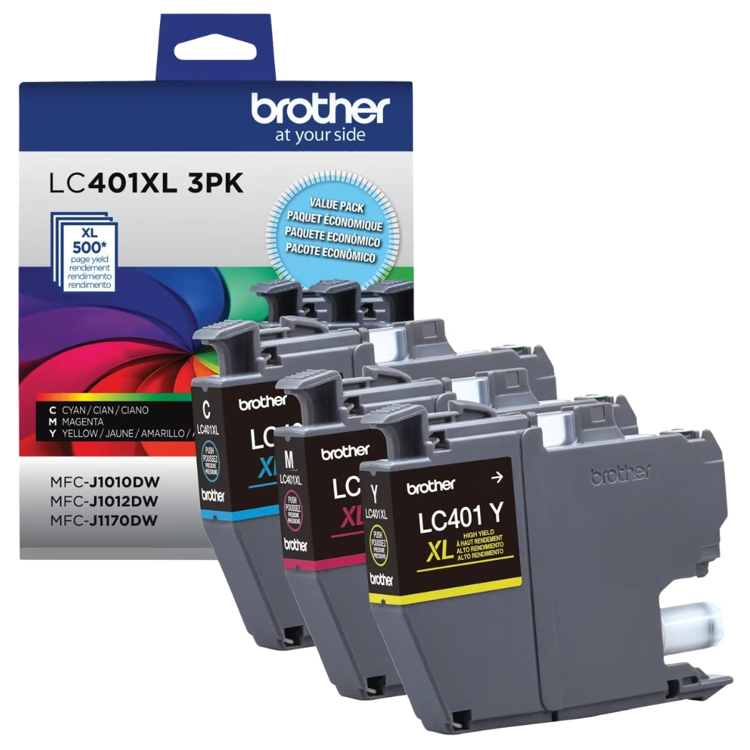 New, Pre-Owned - Brother LC401XL High Yield Ink, Cyan/Magenta/Yellow, Pack of 3 Cartridges