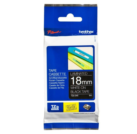 Original Brother TZe-345 Labelling Tape Cassette 18mm (W) * 8m (L) White on Black Tape-TZe-345