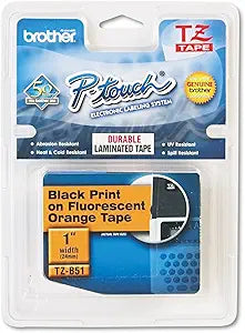 New, Pre-owned, Brother P-Touch TZE-B51 Tape, 1" (0.94") Wide Standard, Black on Fluorescent Orange, Laminated Tape