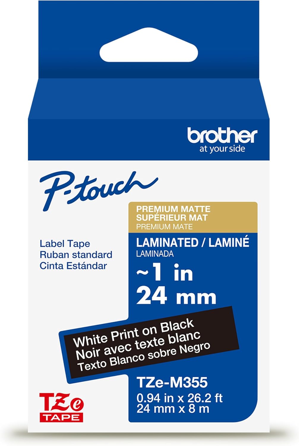 Genuine Brother P-Touch TZe, 1-1/2in x 26.2ft (36mm x 8m) White Print on Black Label Tape (TZeM355),