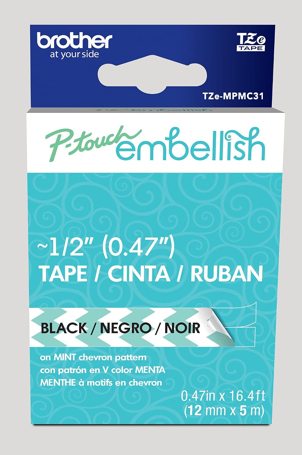 Original Brother P-Touch Embellish Black Print on Mint Chevron Pattern Tape TZEMPMC31 – ~½” Wide x 13.1’ Long