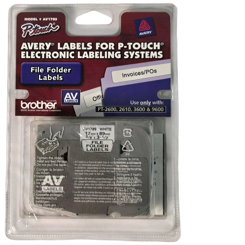 New, Pre-Owned, Original Brother P-Touch AV1789 Black On White File Folder Label (17mm x 89mm), AV-1789