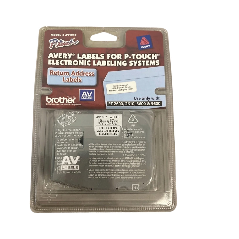 New, Pre-Owned, Original Brother P-touch AV1957 Black on White Return Address Labels(19mm x 57mm), AV-1957
