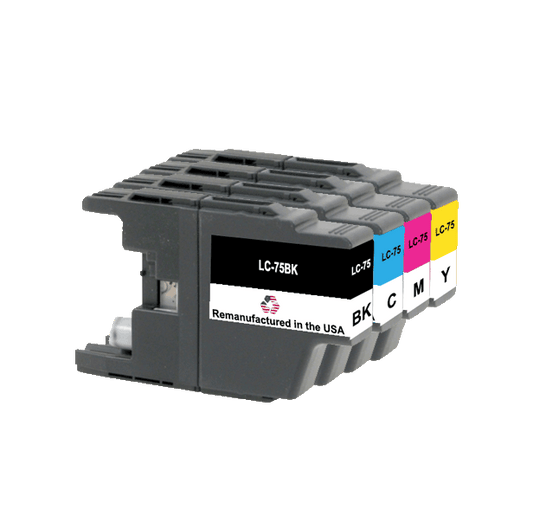 U.S. Remanufactured for Brother LC75 1 Black /  3 Color Ink Cartridges 4-pack