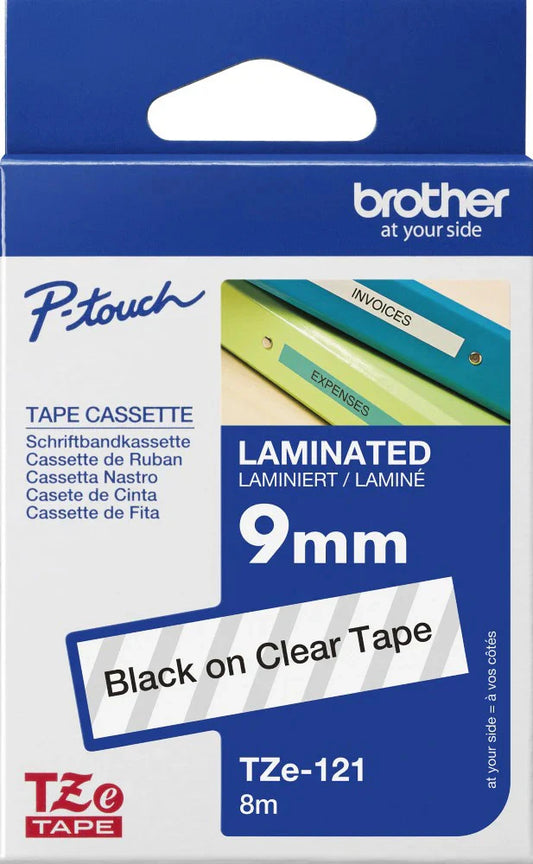 New, Pre-Owned - Brother TZe-121 Labelling Tape Cassette 9mm (W) * 8m (L) Black print on Clear Tape-TZe-121
