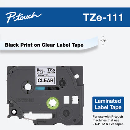 Genuine Brother TZe-111 Labelling Tape Cassette â€“ Black on Clear