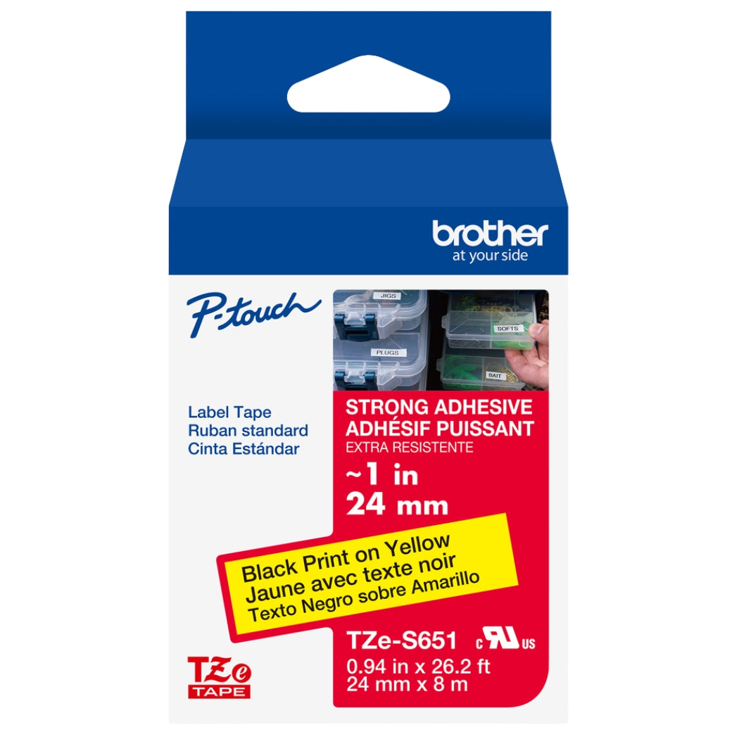 New, Pre-owned, Brother Genuine P-touch TZE-S651 Tape, 1" (0.94") Wide Extra-Strength Adhesive Laminated Tape, Black on Yellow, 0.94" x 26.2' (24mm x 8M)