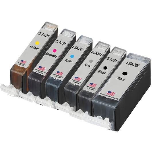 U.S. Remanufactured for Canon 1 PGI-220 Black / CLI-221 1 Black, 1 Gray, 3 Colors Ink Cartridges 6-Pack