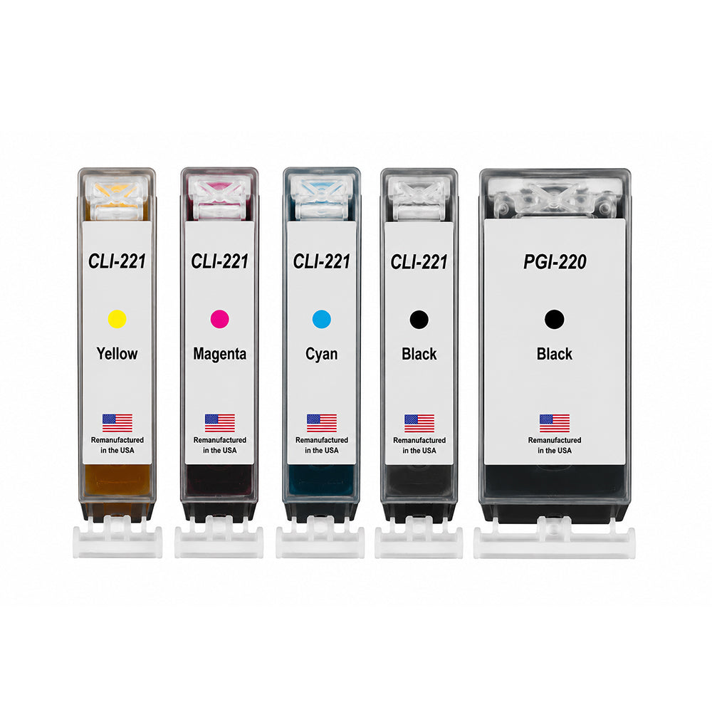 U.S. Remanufactured for Canon 1 PGI-220 Black / CLI-221 1 Black and 3 Colors Ink Cartridges 5-Pack