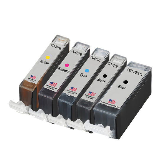 U.S. Remanufactured for Canon 1 PGI-250XL Black / CLI-251XL 1 Black and 3 Color Ink Cartridges 5-Pack