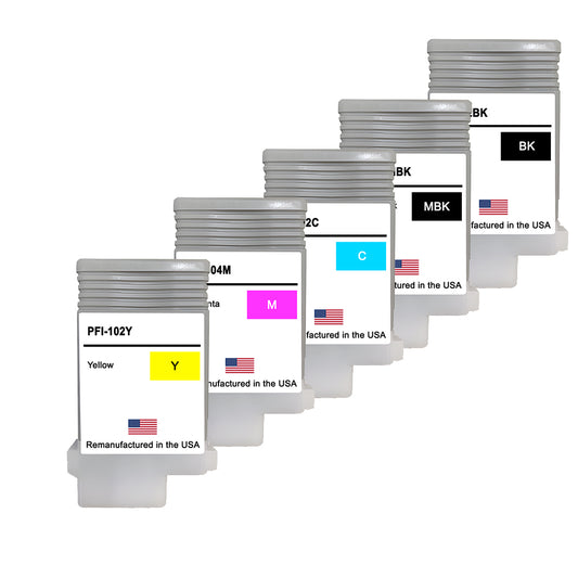 U.S. Remanufactured for Canon PFI-102 / PFI-104 130mL Ink Cartridges 5-Pack