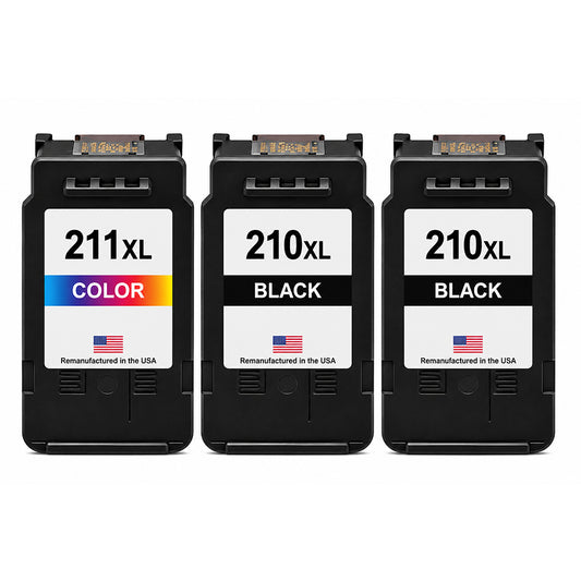 U.S. Remanufactured for Canon PG-210XL 2 Black / CL-211XL 211 XL 1 Color Ink Cartridge 3-Pack