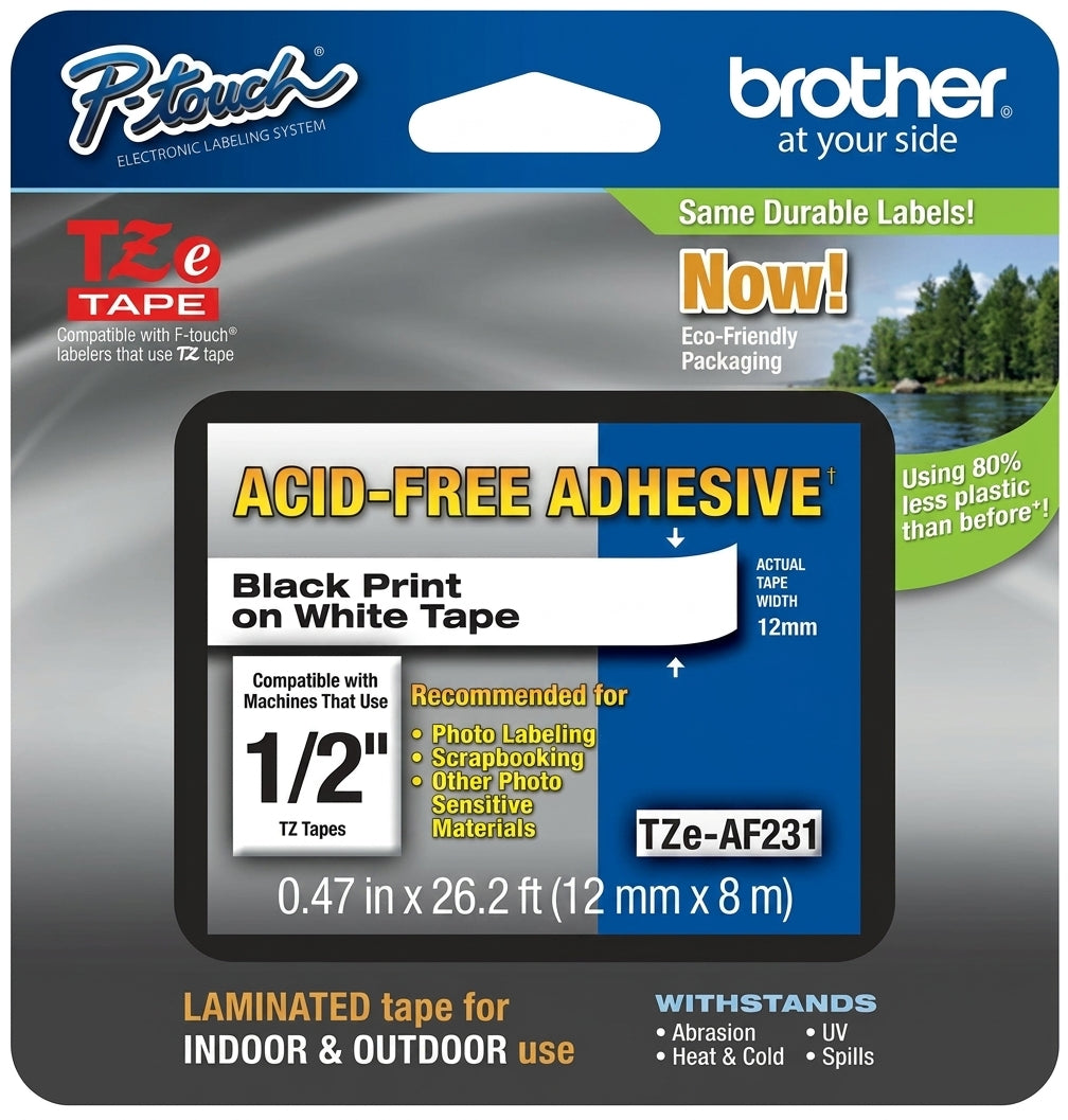 New, Pre-Owned, Original Brother P-Touch TZE-AF231 Standard Yield Black on White Label Tape 12mm x 8 m, BRTTZEAF23