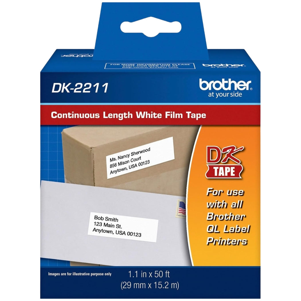 New, Pre-owned, Brother DK-2211 Black on White Film Tape for QL Label Printers