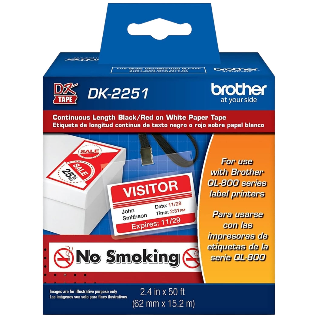 New, Pre-owned, Brother DK-2251 Replacement Labels, Black/Red Label on White Paper Tape