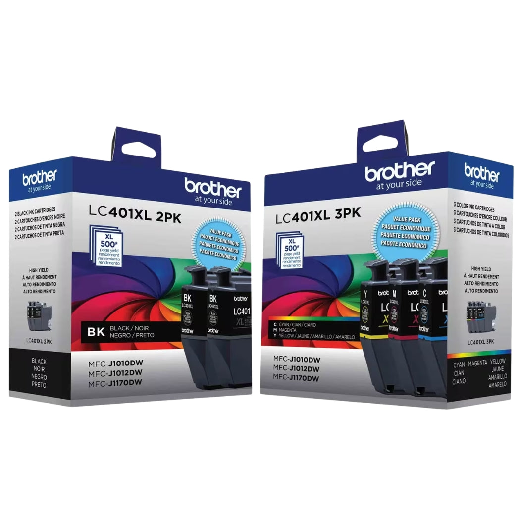 New, Pre-Owned - Brother LC401XL High Yield Ink, (Black 2-pack) Cyan/Magenta/Yellow, Pack Of 5 Cartridges