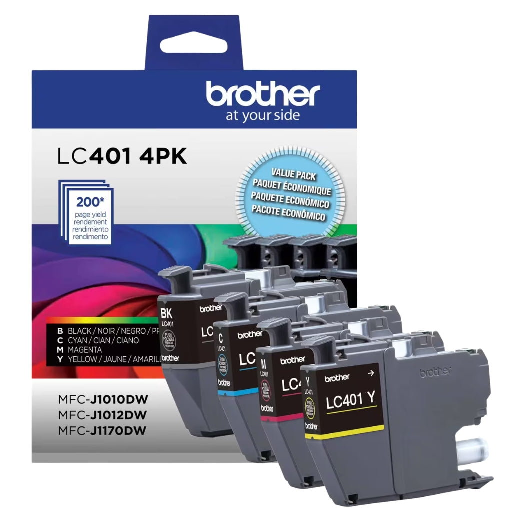 New, Pre-Owned - Brother LC401 Multi-Pack Ink, Black/Cyan/Magenta/Yellow, Pack Of 4 Cartridges, LC4014PKS