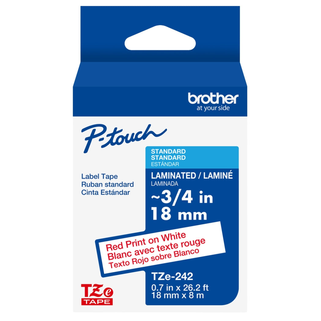 New, Pre-owned, Brother P-Touch TZE-242 Tape, 3/4" (0.7 mm) Standard Laminated P-Touch Tape, Red on White, 26.2 ft (8 m)