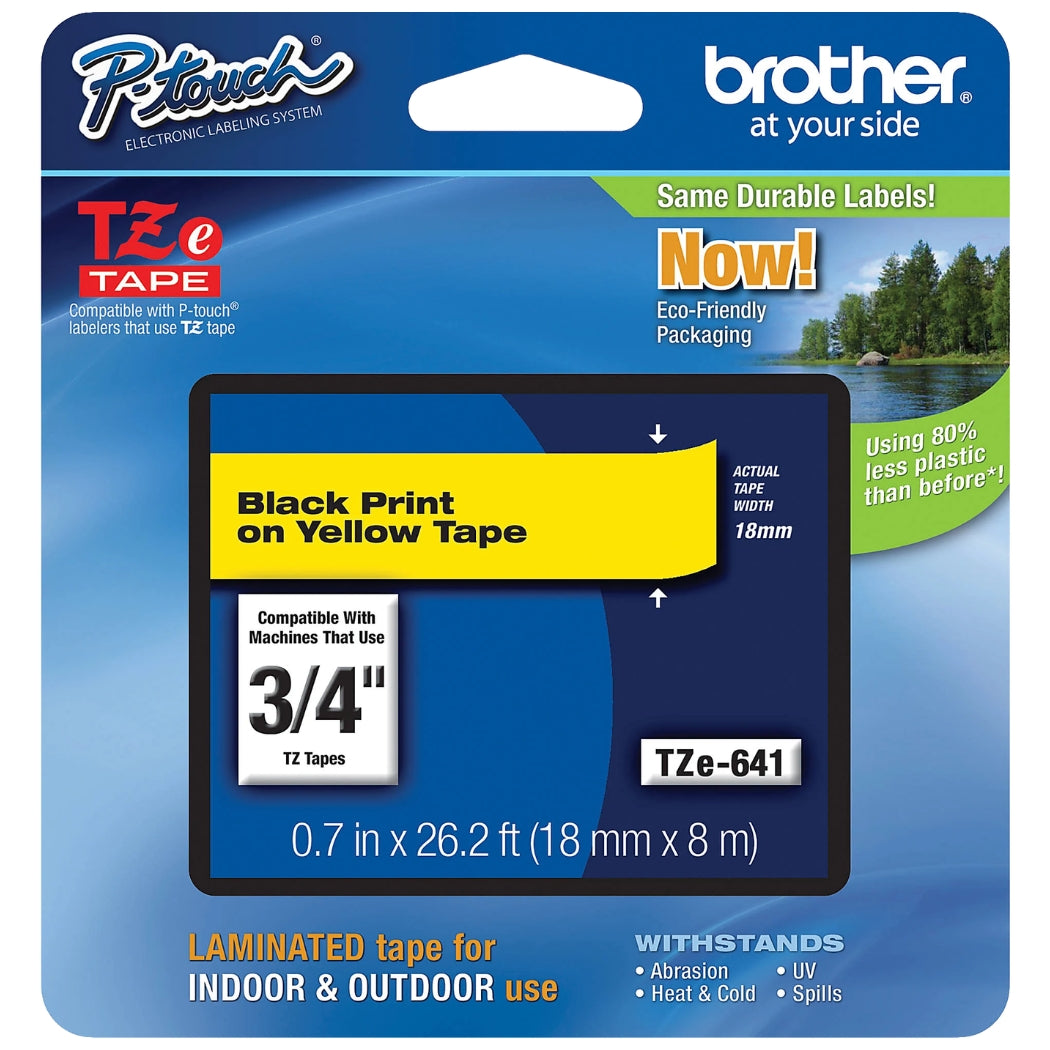 New, Pre-Owned - Brother P-Touch TZE-641 Tape, 3/4" (0.7") Standard Laminated P-Touch Tape, Black on Yellow Single-Pack