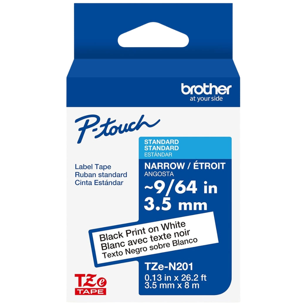 New, Pre-owned, Genuine Brother P-Touch TZE-N201 Super-Narrow Black on White Non-Laminated Tape, , 0.13" x 26.2' (3.5mm x 8M)