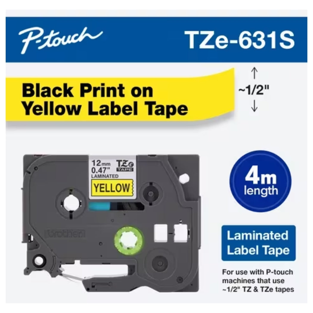 New, Pre-owned, Genuine Brother P-Touch TZe-631S Black on Yellow Laminated Label Tape