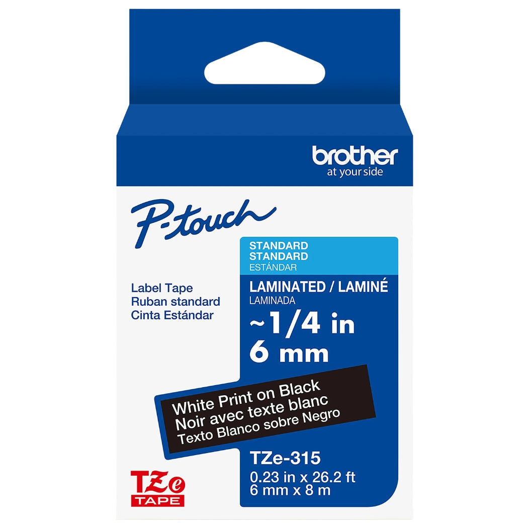 New, Pre-Owned, Genuine Brother P-Touch TZe White Print on Black Label Tape (TZe315), Laminated,1/4in x 26.2ft (6mm x 8m), for Select P-Touch Label