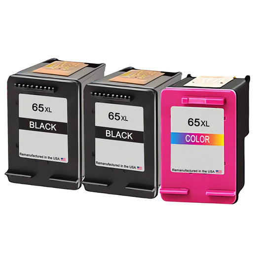 U.S. Remanufactured for HP 65XL 2 Black / 1 Color 3-Pack Ink Cartridges