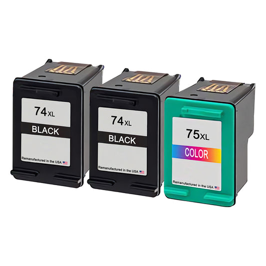 U.S. Remanufactured for HP 74XL 2 Black / 75XL 1 Color 3-Pack Ink Cartridges