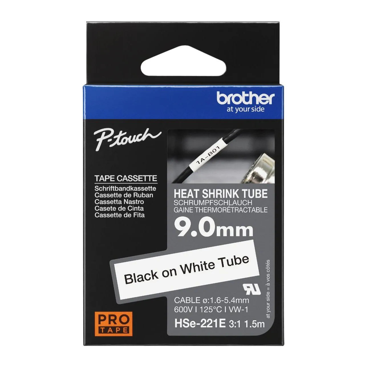 New, Pre-owned, Genuine Brother HSe-221E Heat Shrink Tape, Black On White, 9mm x 1.5m