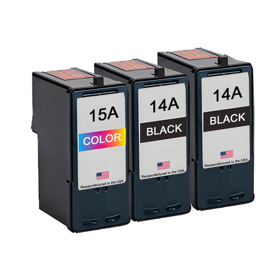 U.S. Remanufactured for Lexmark #14A 2 Black / #15A 1 Color Ink Cartridges 3-Pack