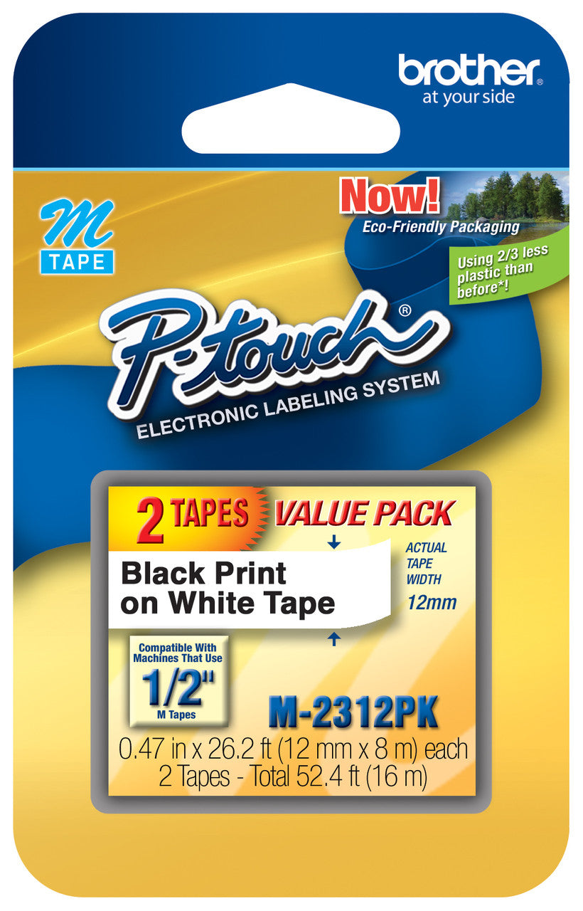 New, Pre-Owned - Brother M-2312PK Tape, 1/2" (0.47") Wide Standard Non-Laminated Tape, Black on White, 0.47" x 26.2' (12mm x 8M) M231 2-PK
