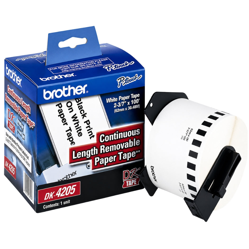 New, Pre-owned, Original Brother DK4205 Removable Paper Label Tape for QL Printers, 2-3/7in x 100ft Roll, White