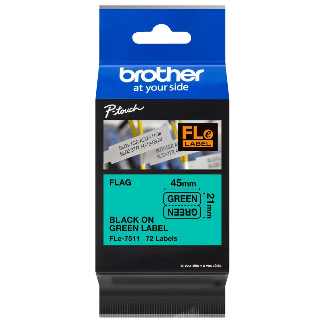 New, Pre-owned, Original Brother FLe-7511 Labelling Tape Cassette, Flag Tape, Black on Green, 21 mm (W) x 45 mm (L), 72 Labels
