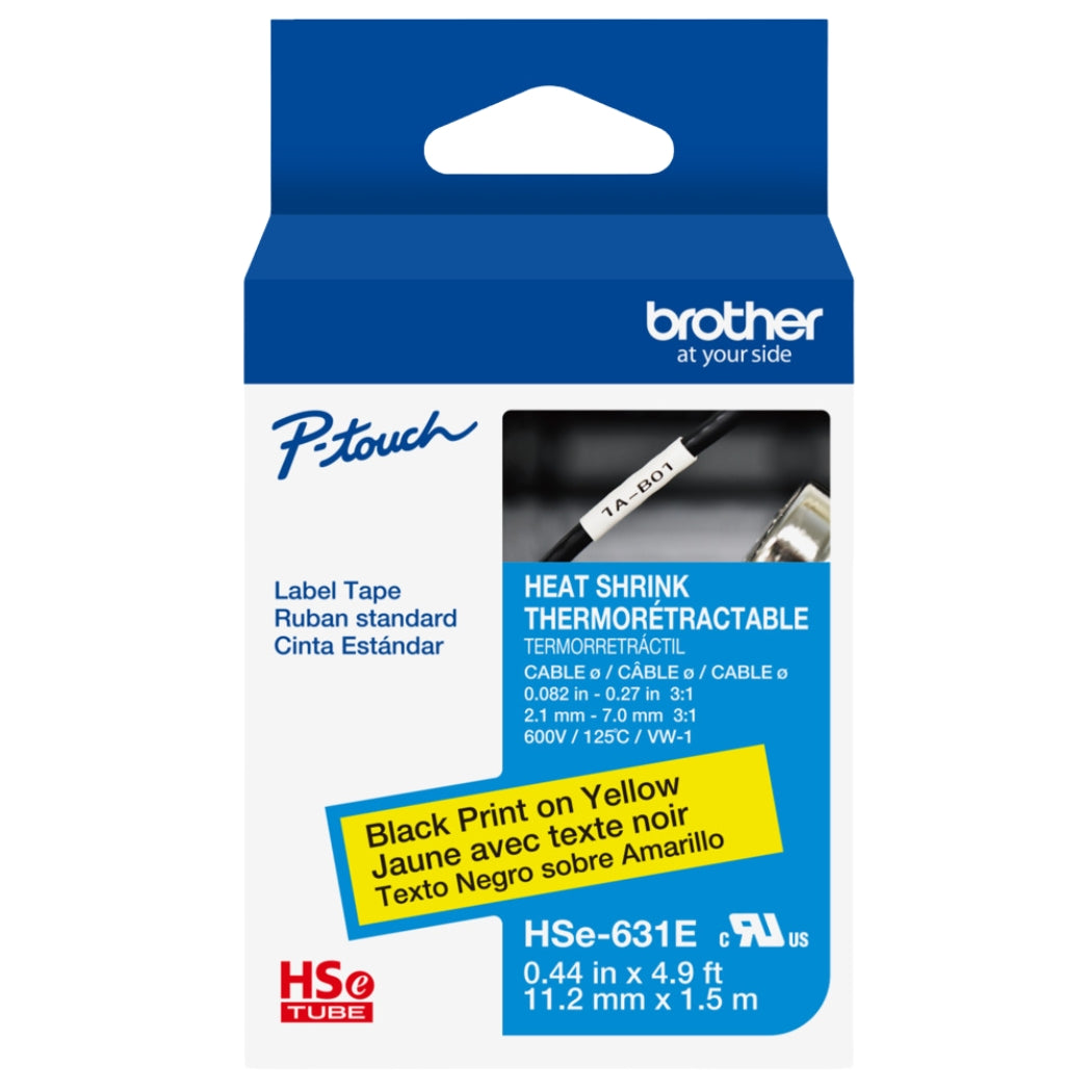 New, Pre-owned, Original Brother HSE-631E Heat Shrink Tape, Black On Yellow, 11.2mm x 1.5m